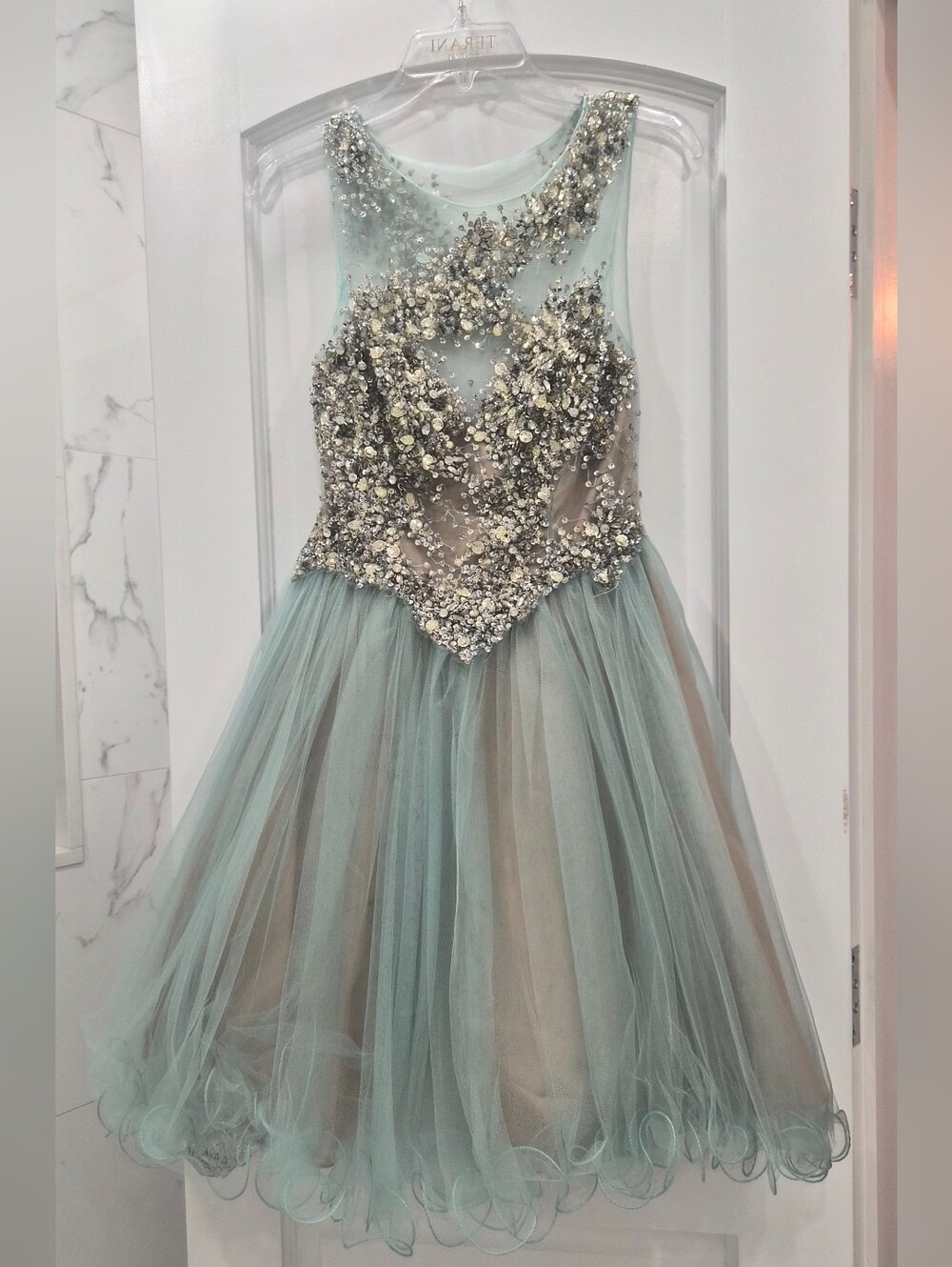 Terani Couture Mint and Silver Beaded Tulle Cocktail Dress